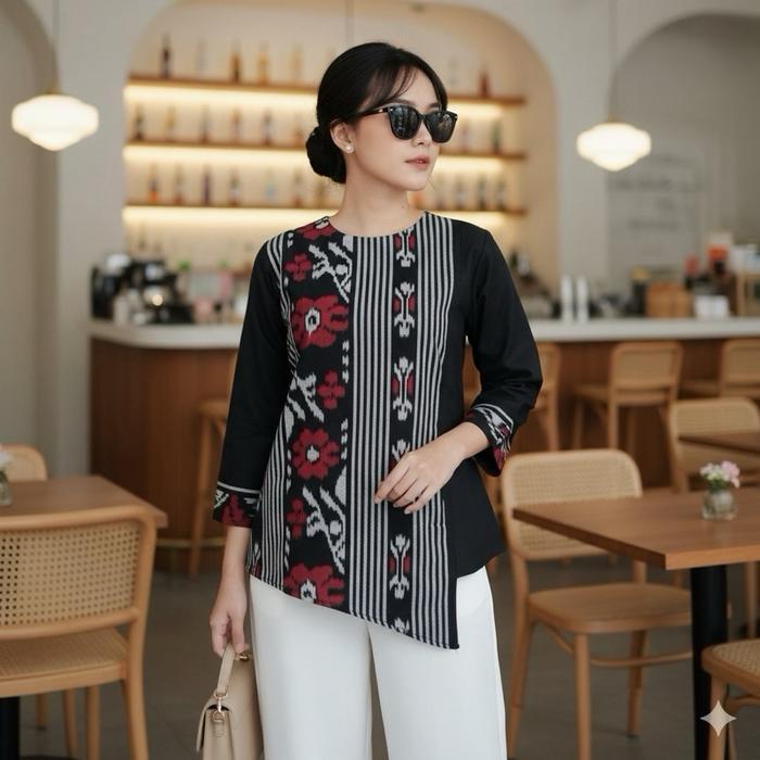 Shanaya Baju Batik Wanita Blus Marun Navy Tenun Belakang Toyobo Batik Kerja Batik Kuliah Resmi
