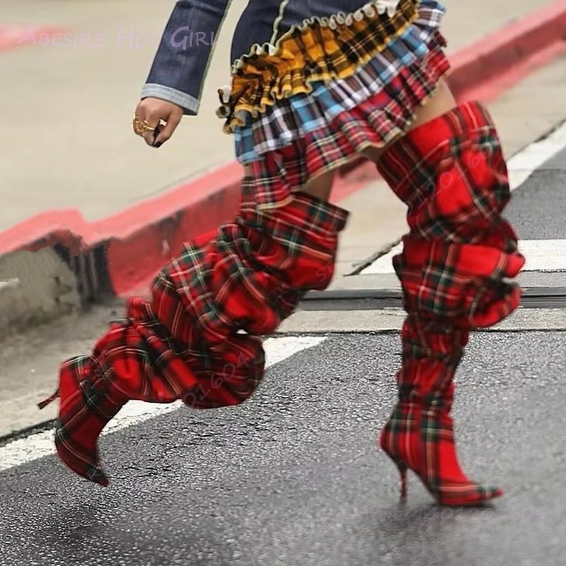 Red Green Plaid Striped Pants Boots Women Thigh Stacked Fold Street Fashion Pointed Toe Stiletto