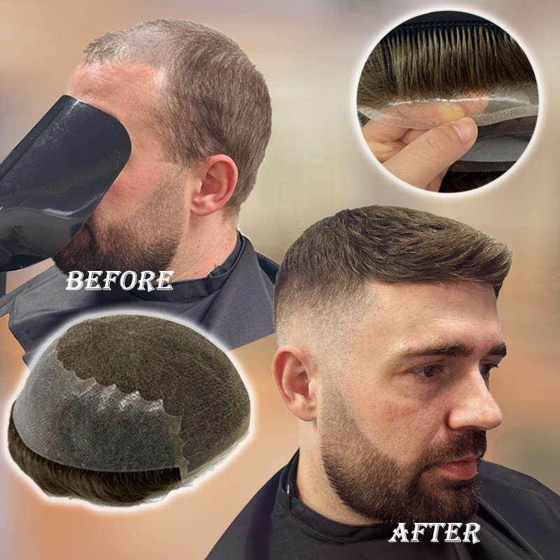 Q6 Men's Toupee Lace & PU Base Human Hair System Unit Durable Male Hair Prosthesis Wig for Full