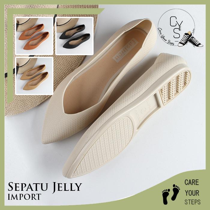 Sandal Sepatu Flat Slip On Wanita Cewek Jelly Polos Model Lancip Kekinian Formal Korea Fashion Style
