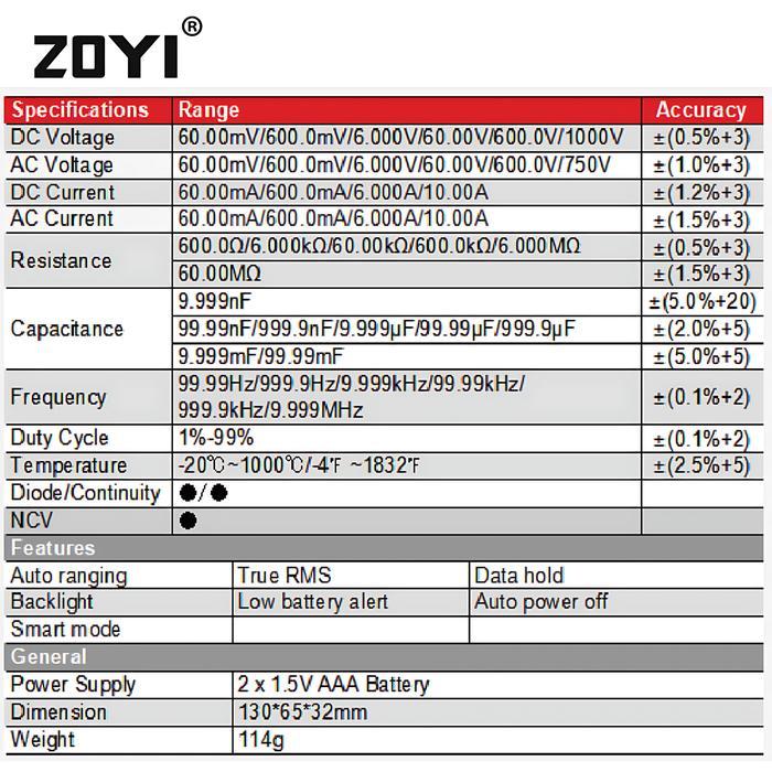 ZOYI ZT102A UPGRADE AUTO MULTIMETER DIGITAL AVOMETER MULTITESTER ORI