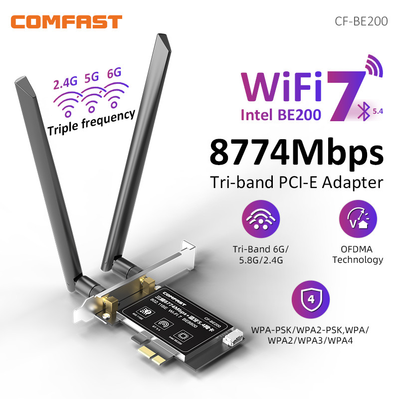 Comfast WiFi7 Intel BE200 PCI-E Network Card 2.4&5&6GHz Tri-band 8774Mbps BE200NGW Chip 802.11be