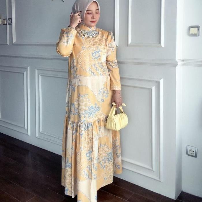 READY Dress Jolly Motif Batik (Tidak busui)Kasual Formal Midi Katun Nyaman Ibu Muslim Kerah Panjang