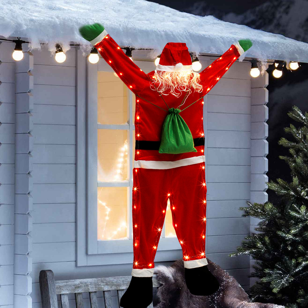 66In Hanging Santa Decoration Climbing Hanging Santa Claus with LED Light Wall-climbing Decor for Ch