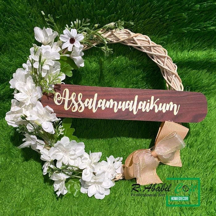 Hiasan Pintu Assalamualaikum Welcome Baiti jannati Bunga Ring akar Rotan Flower Wreath Hiasan pintu