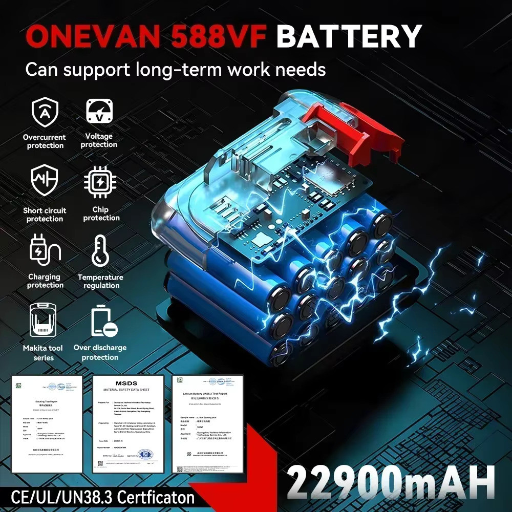 ONEVAN Rechargeable Lithium Battery 22900mAh 29900mAh 588VF 928VF Capacity Indicator For Makita 18V