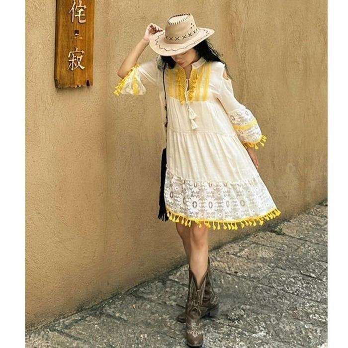 Mini Dress Boho Tribal Baju Terusan Bohemian Tassel Rumbai Summer Pantai Bali Liburan