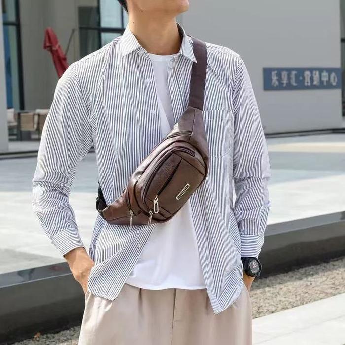 Waistbag Minimalis Tas Pinggang Pria 1239, Tas Selempang Kulit Asli Unisex, Kapasitas Besar, Tas