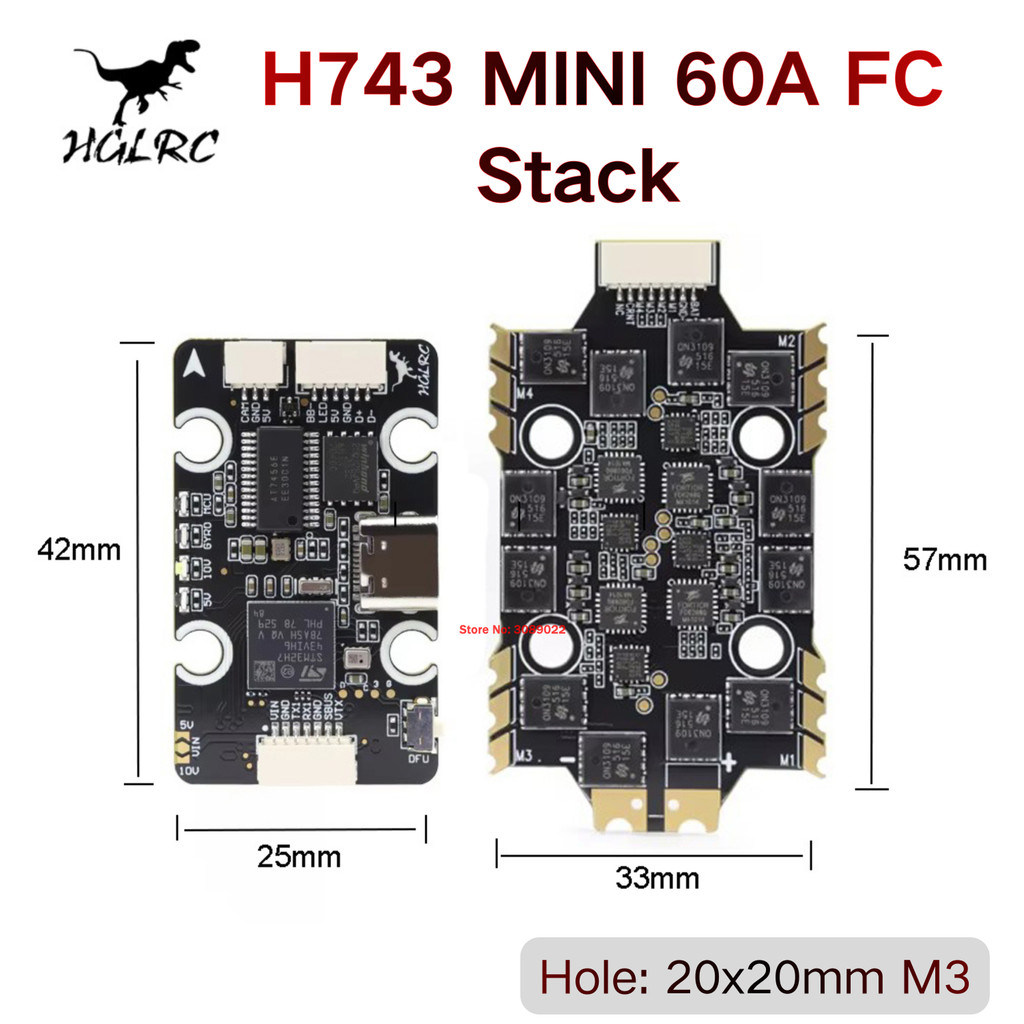 HGLRC H743 Mini Flight Controller 60A 4IN1 BLHeli_S M-H-30 ESC 20x20mm Stack For RC FPV Free Racing