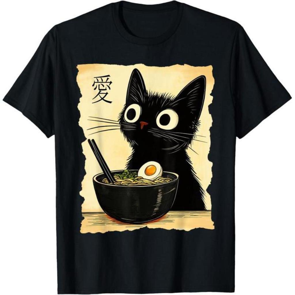 100% Cotton Funny Cat Ramen Graphic Tee Kawaii Cat T-Shirt