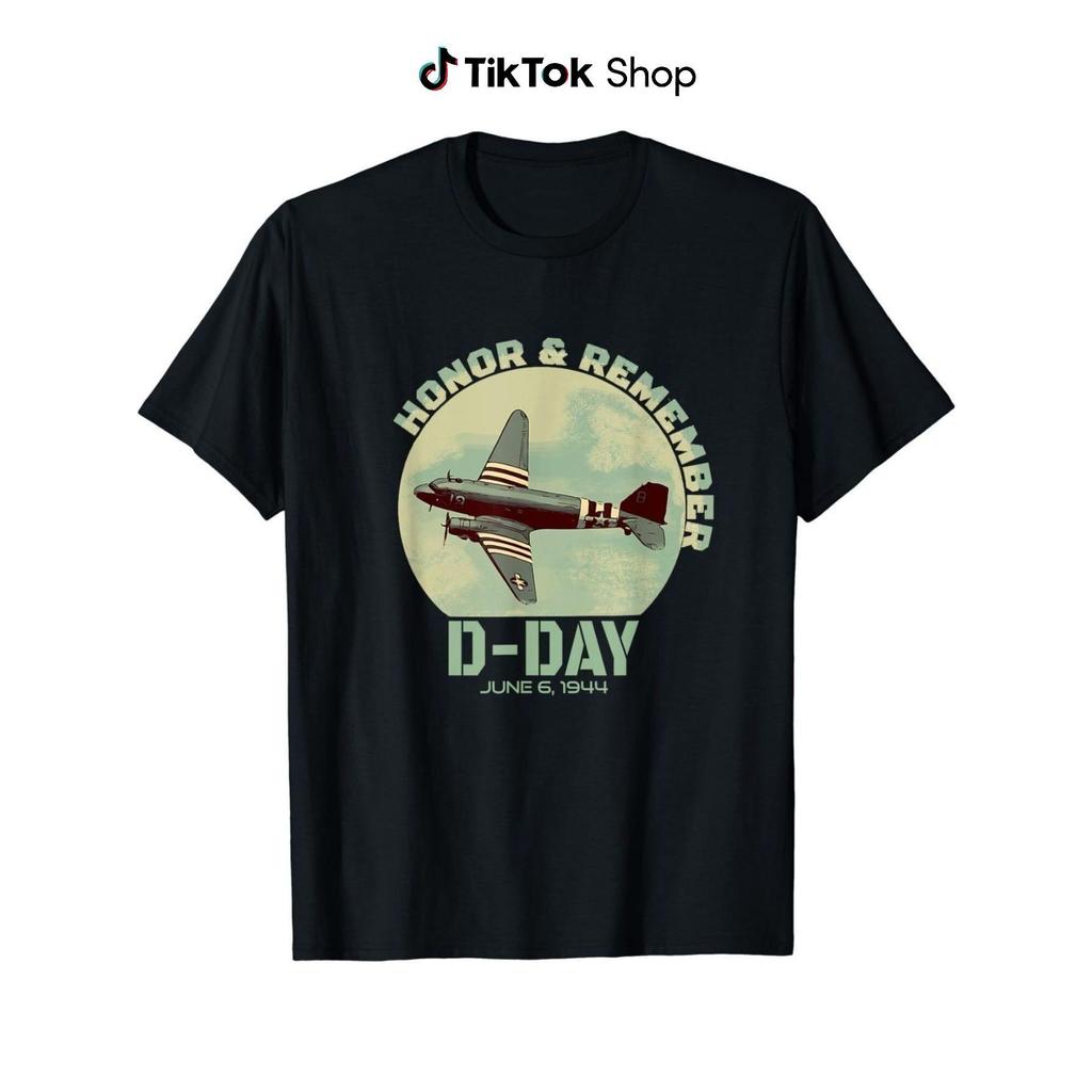 D-Day 75th Anniversary Commemorative T-Shirt - Crew Neck Short Sleeve, Vintage Military Aircraft & N