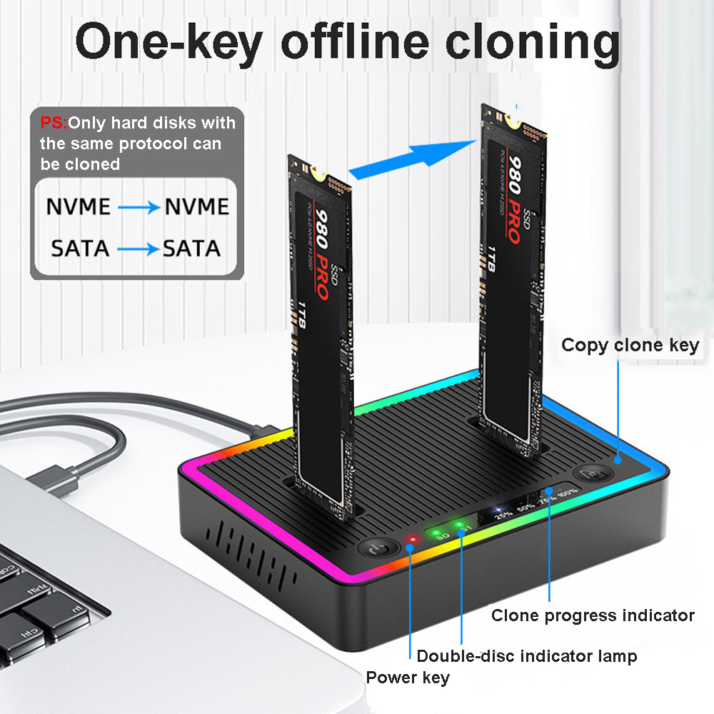 Dual-Bay M.2 NVME/SATA SSD Clone Docking Station Offline Clone Hard Disk M.2 SSD Duplicator USB GEN2