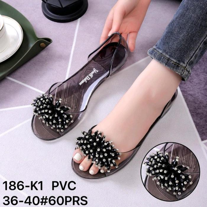 Sepatu Flatshoes Wanita karet Jelly Import Bening Transparan Motif Batu Permata Hitam Balance 186-K1