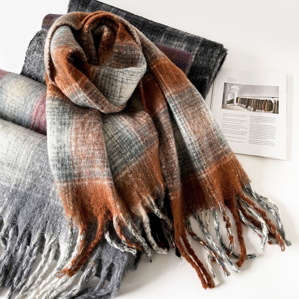Elegant Mohair Plaid Wool Scarf Tassel Thicken Winter Cashmere Scarves Korean Style Warm Long Shawl