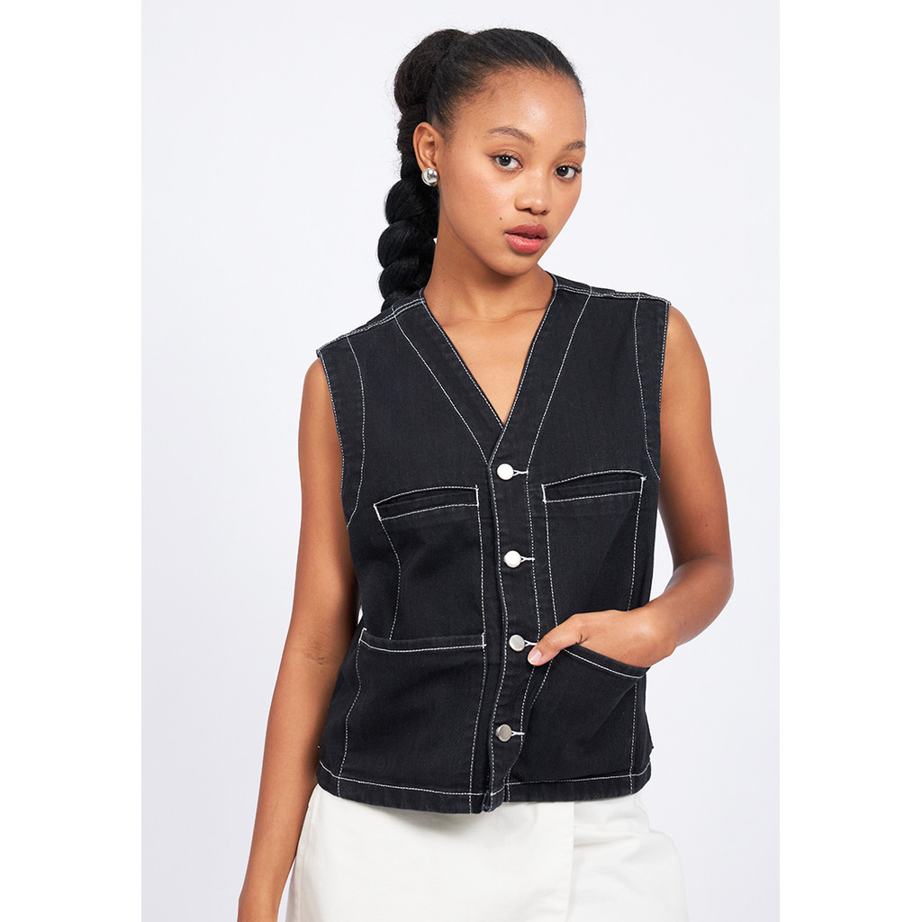 COLORBOX Contrast Stitching Denim Vest Black