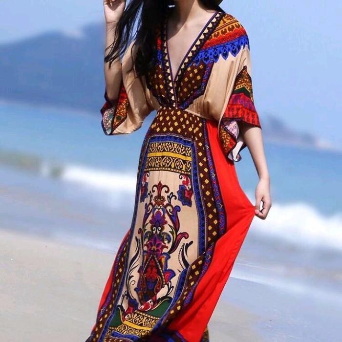 Maxi Long Dress Baju Terusan Wanita Musim Panas Liburan Baju Panjang Bali Pantai Vintage