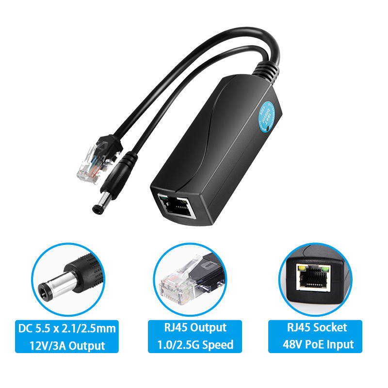 PoE Splitter 12V/3A 36W 2.5Gigabit, DC 5.5*2.1mm/5.5*2.5mm Plug, DC 12V/3A Output, Ethernet Comply