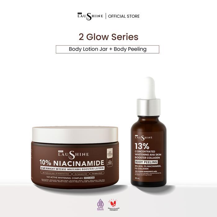 Laushine - 2 Glow Series - Paket Bundling Body Lotion Jar + Skin Booster Body Peeling - 9D