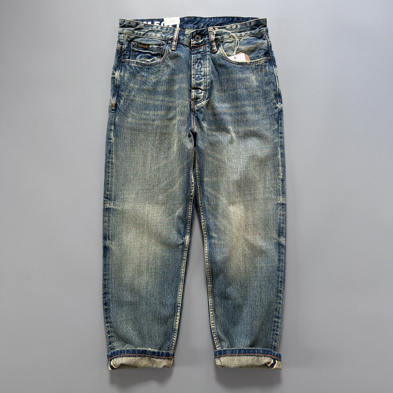 Men's Japanese Indigo Blue Selvedge Straight Leg Denim Jeans for Men Artisan Vintage Spring Washed