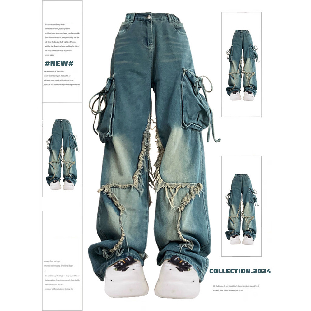 Women Blue Cargo Jeans Baggy Vintage 90s Aesthetic High Waist Cowboy Pants Harajuku Denim Trousers
