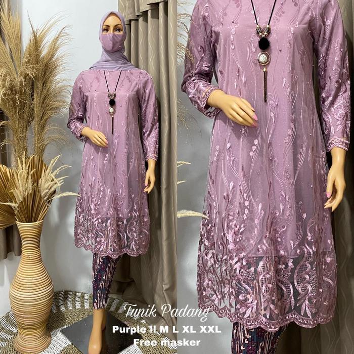 Setelan Kebaya Modern Tunik Tulle Bordir//Set Baju Kurung Brokat Rok Plisket