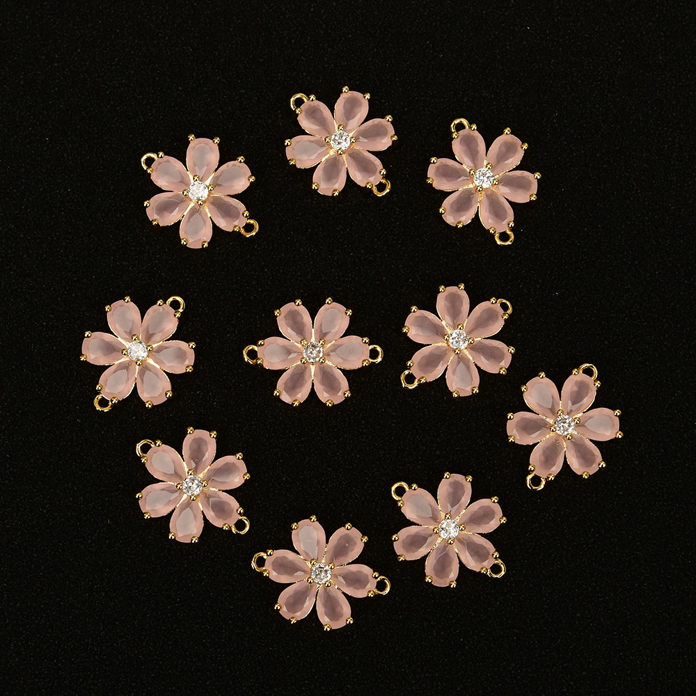 10 Pcs Pink Jade Crystal Pave Flower Bezel Sets Connector Pearl Necklace Pendant Jewelry DIY