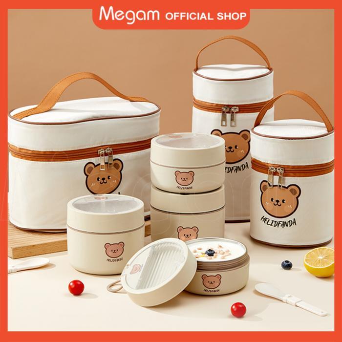 [ AL AMIN ] Megam Kotak Makan Siang Bento Portabel Tahan Bocor Stainless Lunch Box Cream Tempat