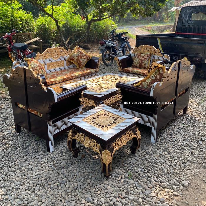 Kursi tamu madura matahari kayu jati finishing motif marmer + matras