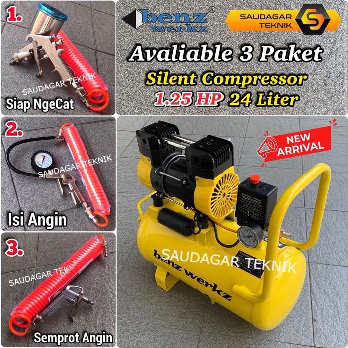 Mesin Kompresor Angin Oilless Oiless Silent 1 Hp 24 Liter Kompresor Tanpa Oli 1 Pk 24 Liter Benz