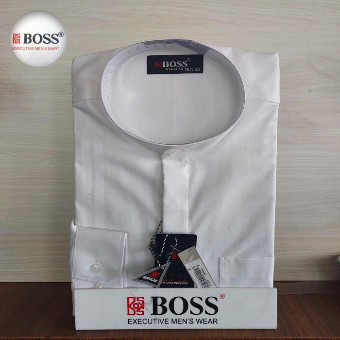 Boss Dijamin Ori Kemeja Boss Koko Regular Putih Corak Polos Lengan Panjang Dobby Katun Muslim Pria