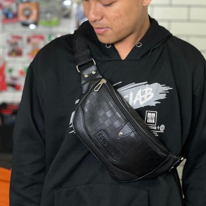 Tas Pinggang Pria Waist Bag Venom Tas Selempang Pria Bahan Kulit Pu Premium Motif Kotak Kotak Elegan