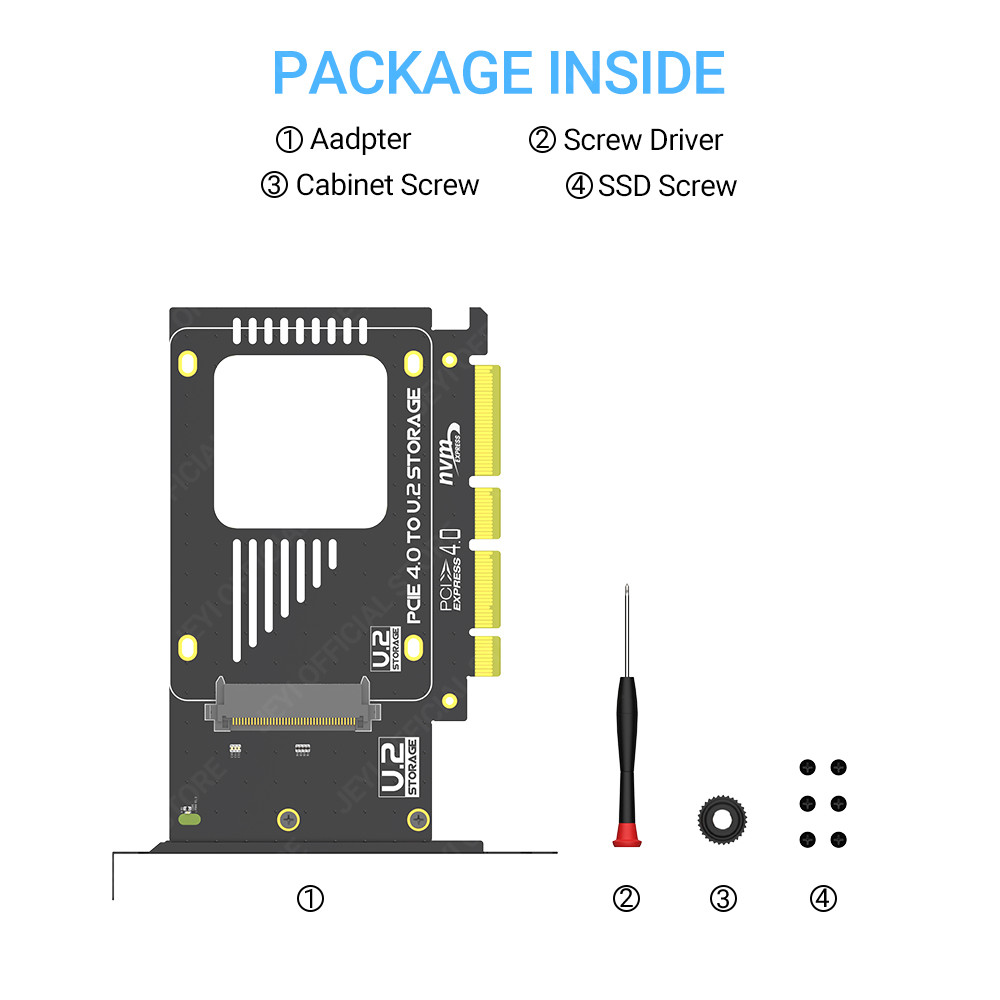 JEYI U.2 to PCIe 4.0 Adapter, NVMe 2.5" U.2 (SFF-8639) SSD PCIe x4 x8 x16 Expansion Card - U.2 SSD -
