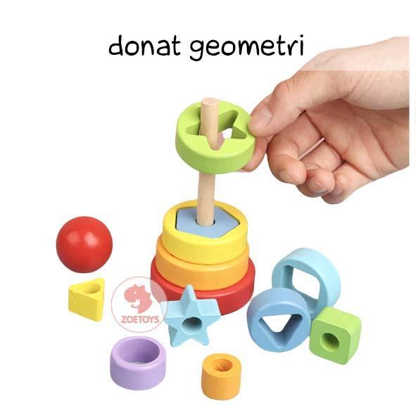 Zoetoys Menara Geometri Donat Pelangi Ring Rainbow Tower Menara Pelangi Kayu Mainan Edukasi Anak