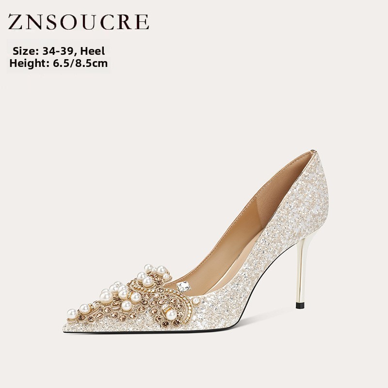 Gold Wedding Shoes Women's New 2025 Pointed Toe High Heels Comfortable Single Shoes Korean Style