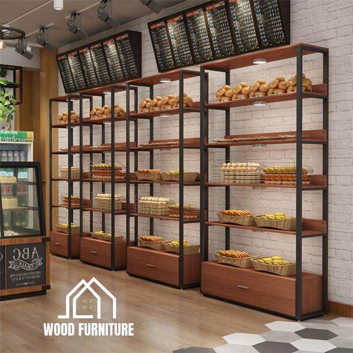 rak display toko kayu / rak display roti supermarket kaki besi rak penyimpanan serbaguna rak pajanga