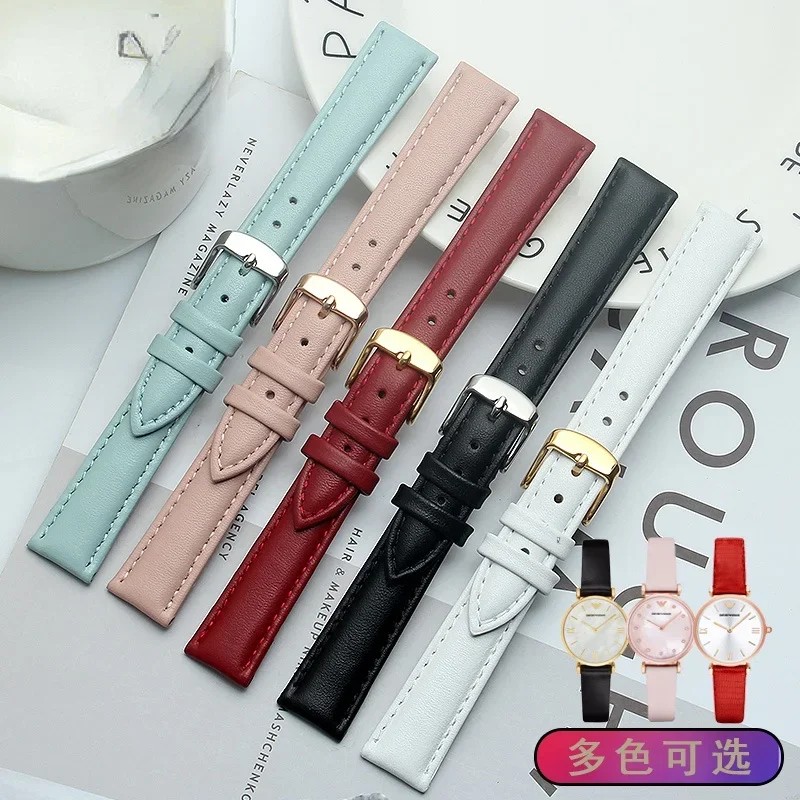 Women's Genuine Leather Watch Band For Swarovski Fossil Armani Men's Strap Pin Buckle Pink 12 14mm