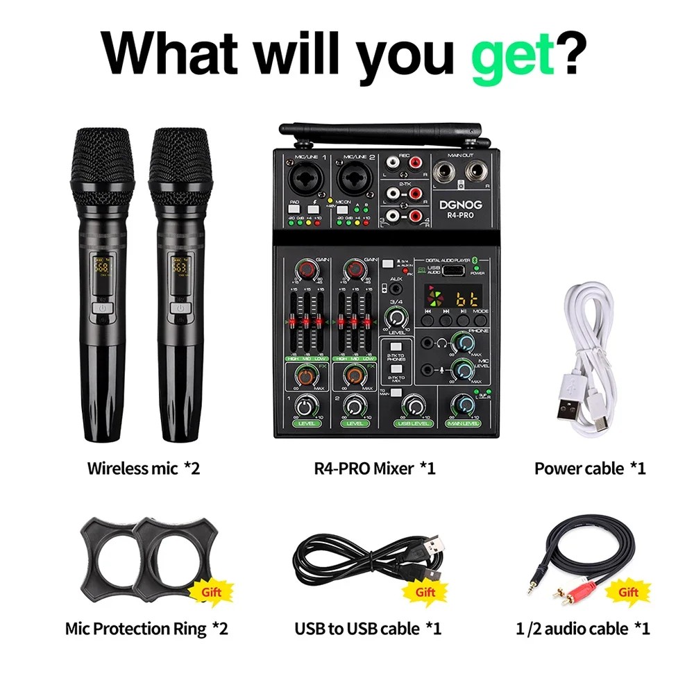 DGNOG 4 Channel Audio Mixer USB Mixer Bluetooth Console with Wireless Microphone DJ Mixer for Party