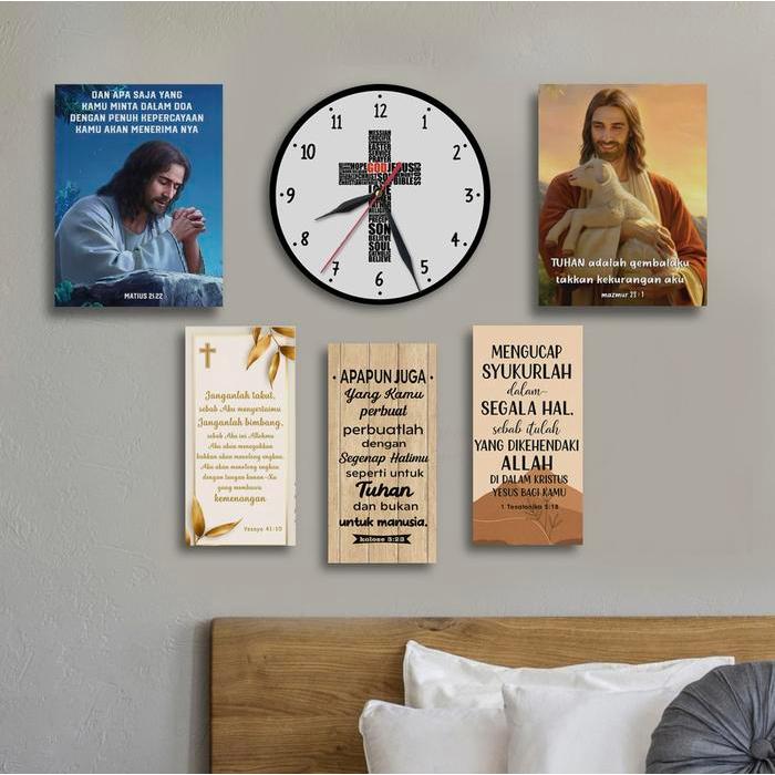 Hiasan Dinding Kayu + 5 Pcs Hiasan Dinding Yesus Kristen Ayat Alkitab Terpercaya