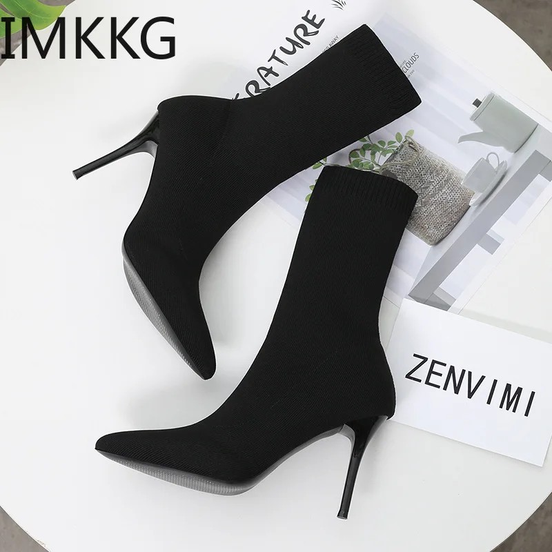Sepatu Boots Sock Knitting Stretch High Heels untuk Wanita, Fashion Musim Semi Gugur 2024, Ukuran 42
