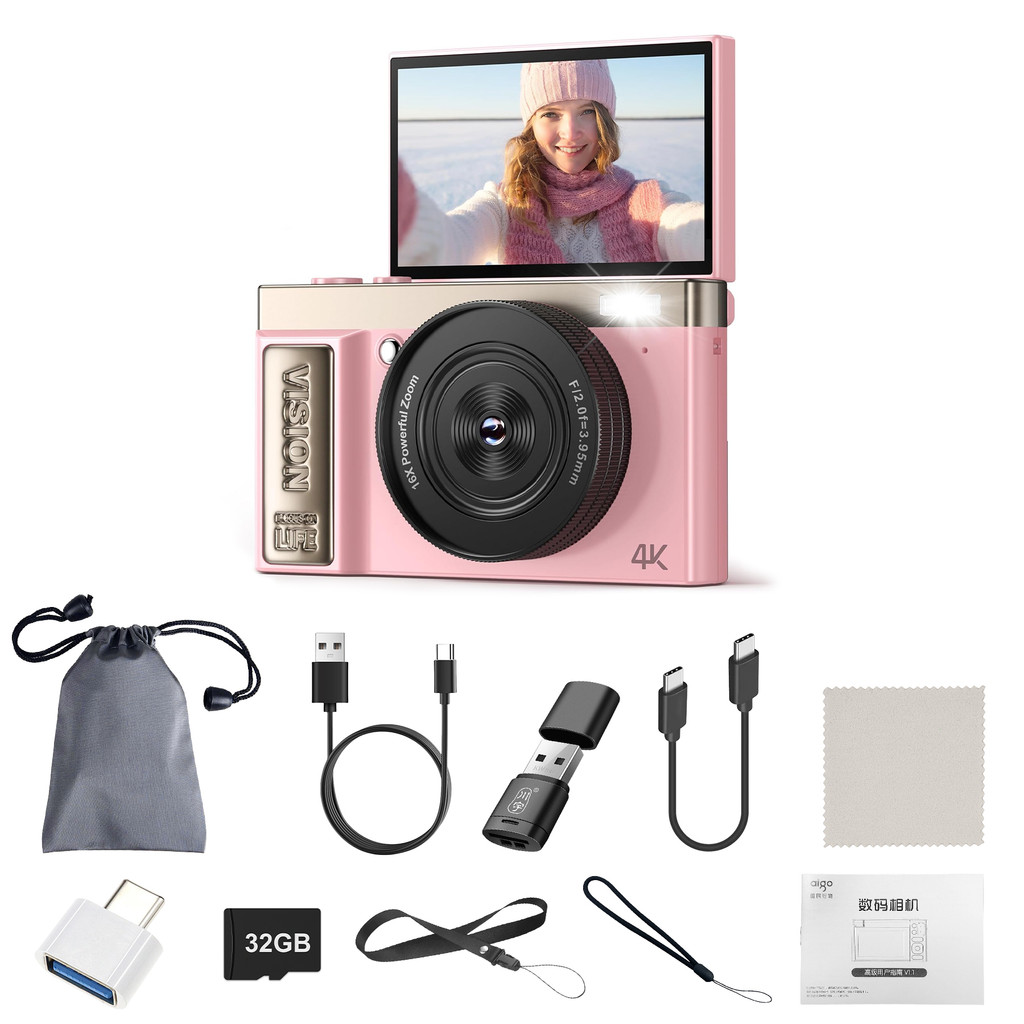 4K digital camera, 64 megapixel ultra high definition camera, 16x digital zoom 180 degree flip