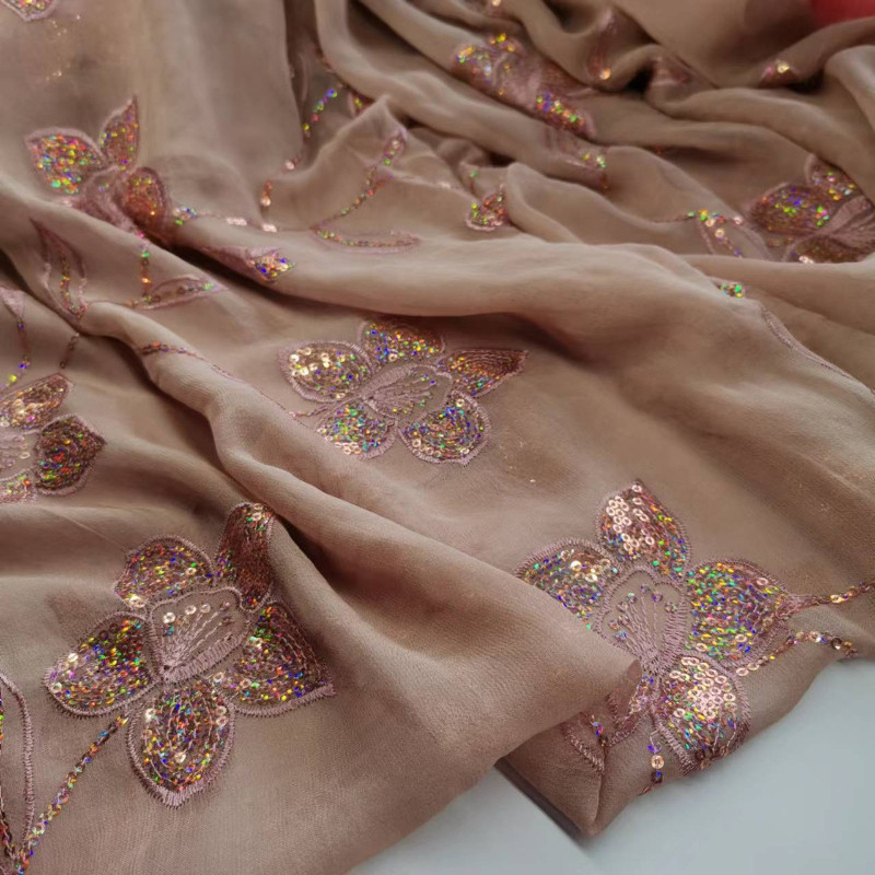 Silk Georgette 8mm Embroidered Sequins Fabric Fashion Scarf Dress Material Soft Lightweight Designer