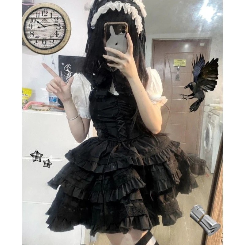 Coalfell Gothic Lolita Fluffy Dress Cute and Sweet Bubble Sleeve Shirt Lace Suspender Dress Set
