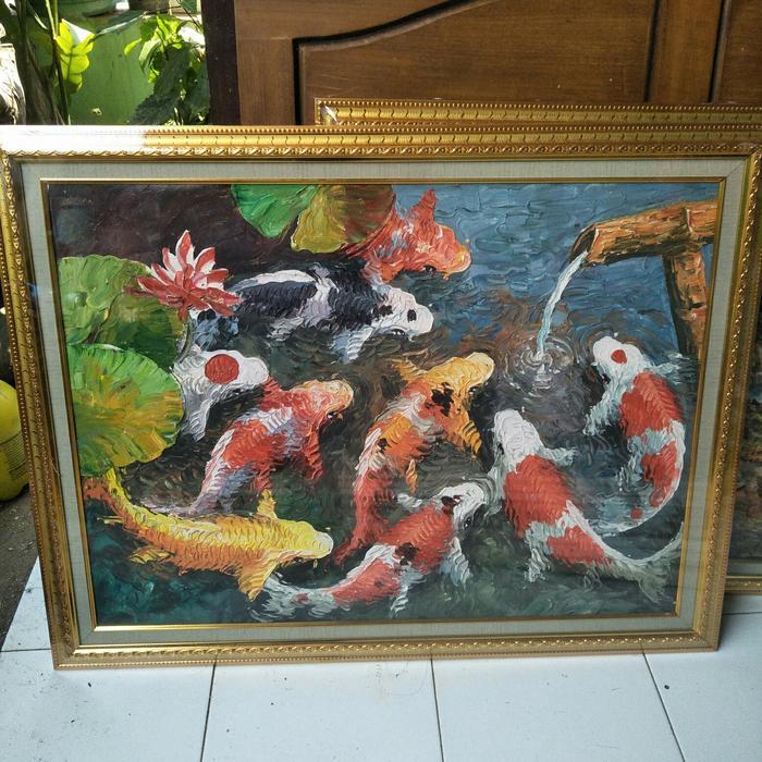 Lukisan kanvas Canvas Ikan koi 77 X 97 Bingkai / Lukisan Tangan Murah