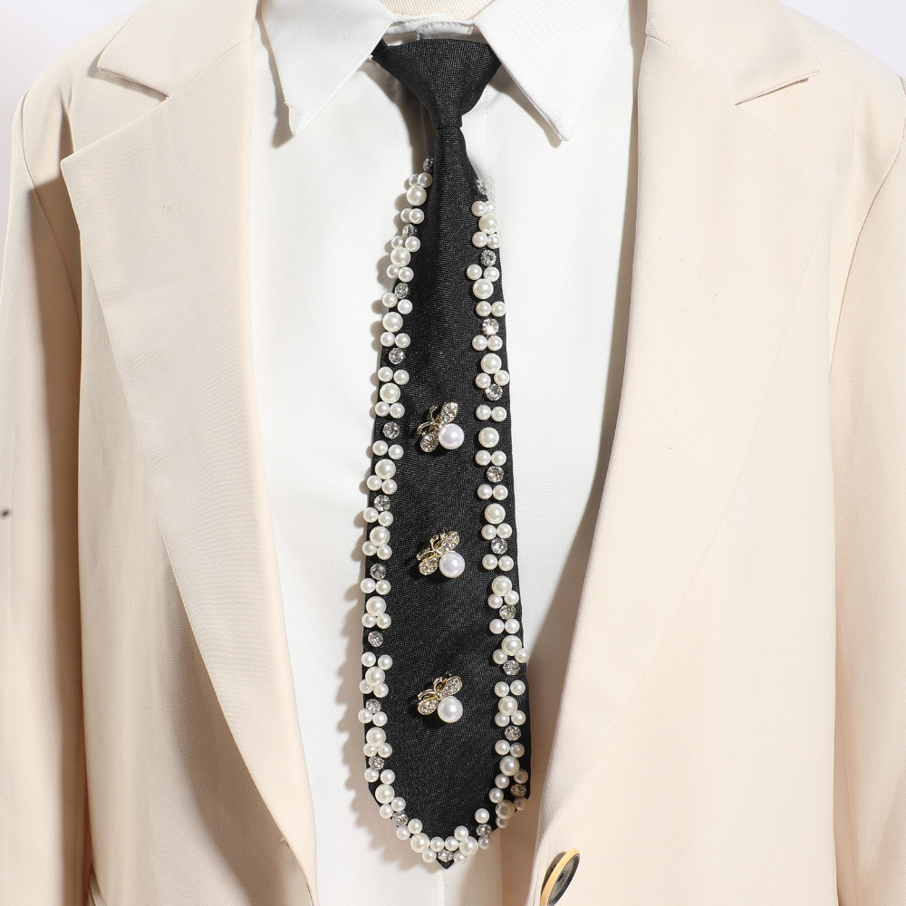 Handmade Pearl Rhinestone Necktie for Women Crystal Bee Shirt School Uniform Bow Tie Fashion