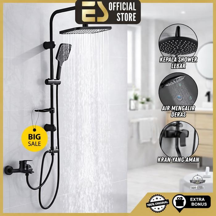Paloma - Shower Mandi Dengan Tiang Set Komplit Full Set Minimalis Wall Mounted Shower Black Bulat