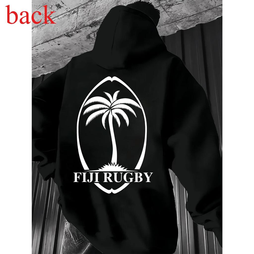 Men'S Fiji Rugby Graphic Hoodie - Casual Black Pullover with Palm Tree & "FIJI RUGBY" Print, Regular