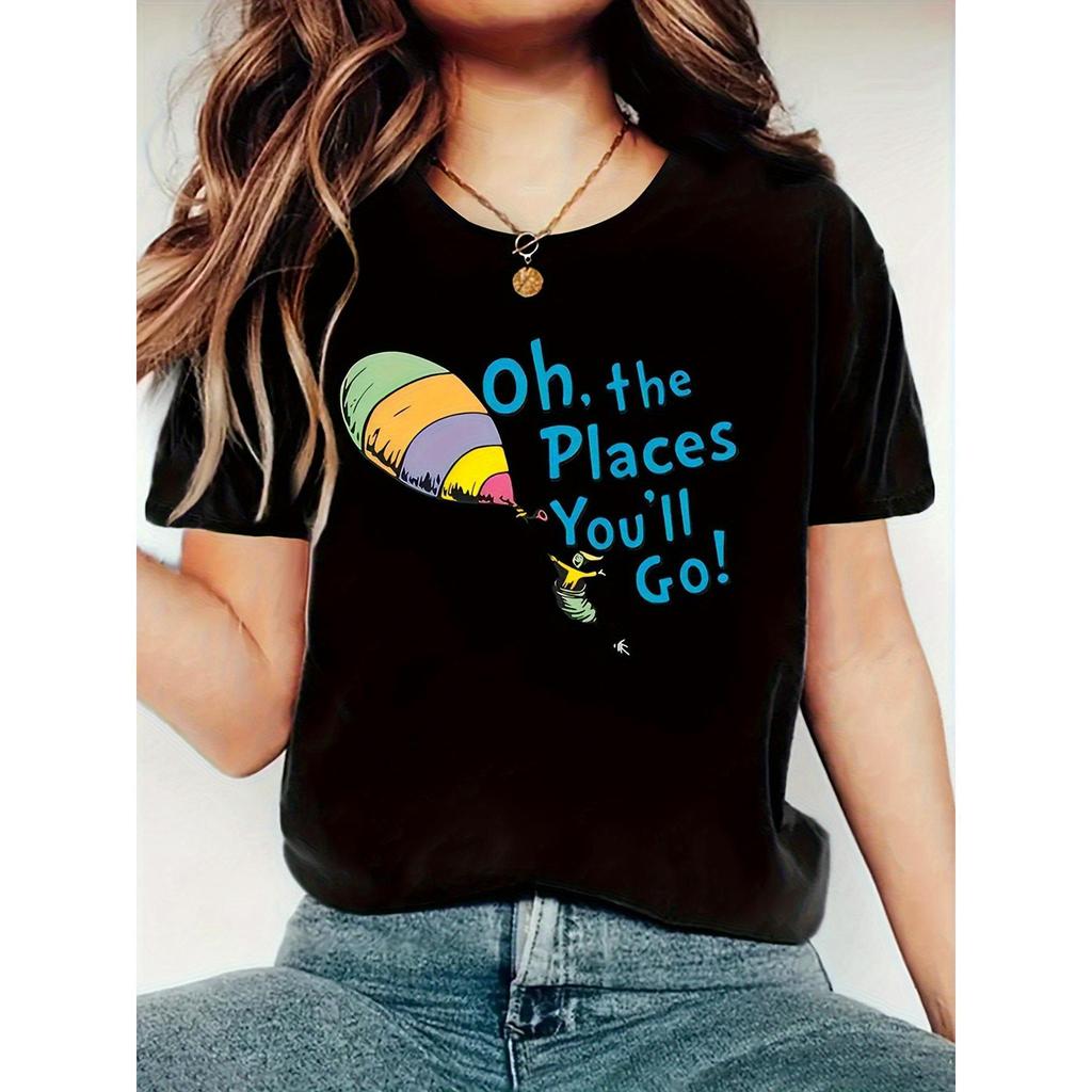 Women'S "Oh The Places You'll Go!" Cartoon Balloon Graphic T-Shirt - Soft Pure, Casual Summer Fashio