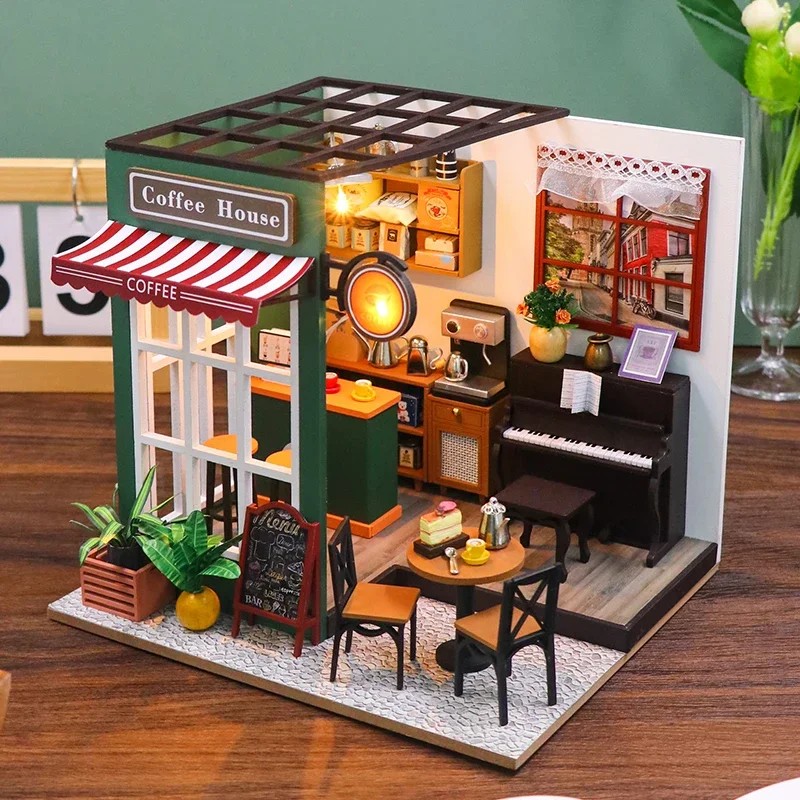 Coffee Dollhouse with Furniture 3D Puzzle NEW DIY Wooden Doll Houses Afternoon Cafe Casa Miniature