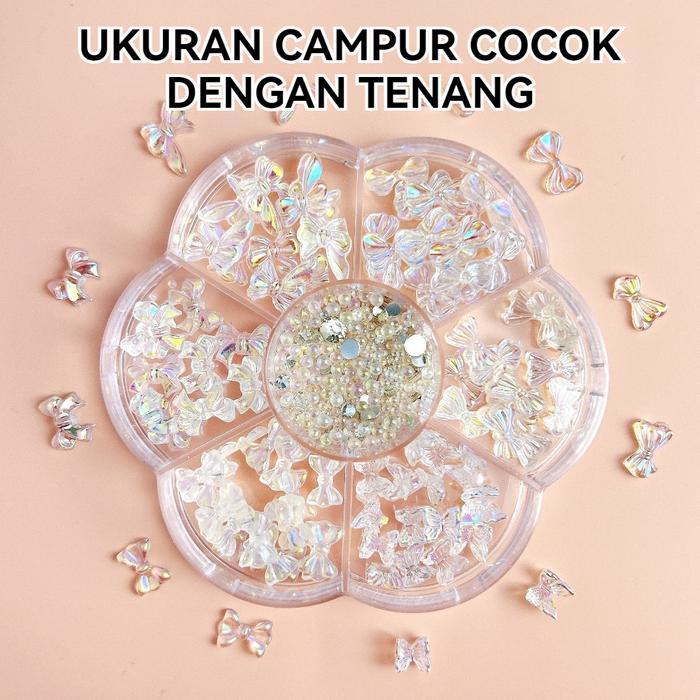 Hiasan Kuku 3D Bentuk Pita Aurora Ornamen Kuku Resin Aksen Berlian/ Aksesoris Nail Art Set Pesona