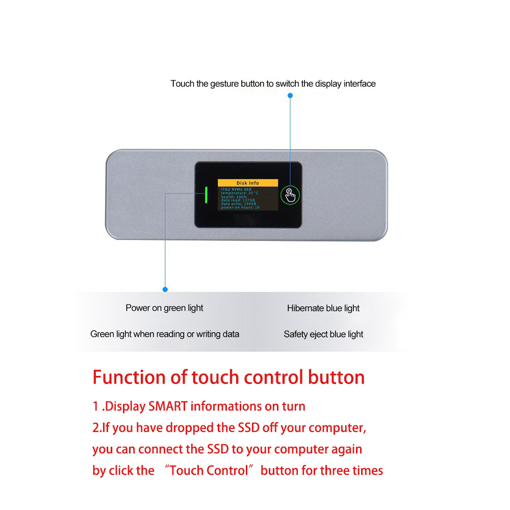 Smart M.2 NVMe / SATA SSD Enclosure, USB 3.2 10Gbps M.2 NVMe SSD Enclosure Adapter with Screen